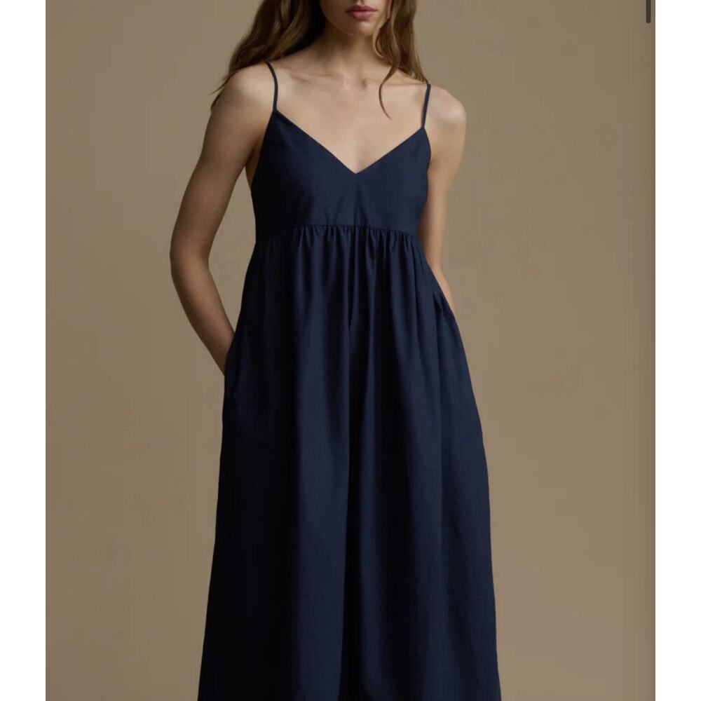 Jenni Kayne Cove Midi Dress S Navy Cotton Poplin Spaghetti Straps Minimalist - Picture 2 of 11